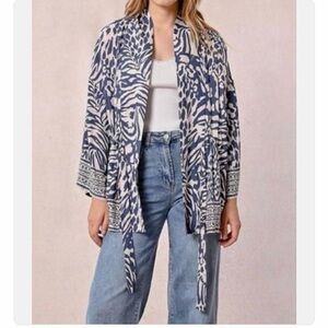 Blue and White Animal Printed Open Kimono